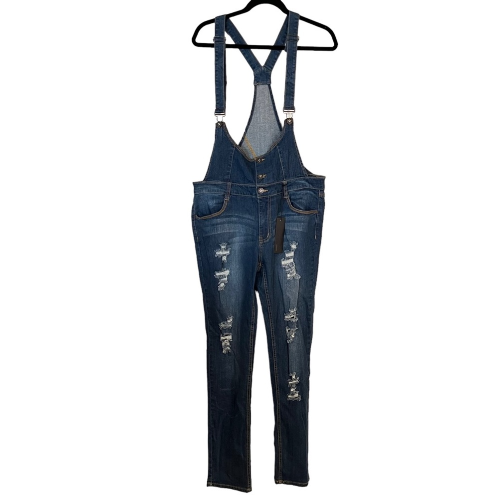 JC & JQ Blue Jean Skinny Distressed Jumpsuit Overalls 2X